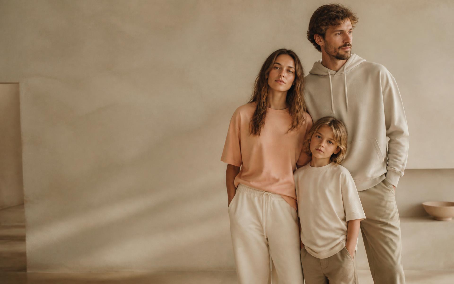 A family wearing soft apricot, cream and stone cotton essentials in warm daylight